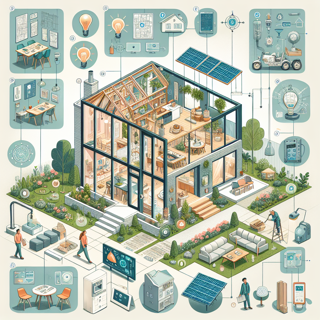 An illustrative guide displaying a variety of innovative and must-have elements for house construction. The image should feature a well-lit, under-construction house with visible architectural blueprints. The depicted elements should include energy-efficient windows, a modern kitchen with state-of-the-art appliances, a cozy fireplace in the living room, and a lush green garden with a solar panel system. Also, include multi-purpose furniture designs, smart home technology, and sustainable materials used in construction. Remember to incorporate diversity by including a South Asian female architect and a Middle-Eastern male construction worker collaborating on the project.